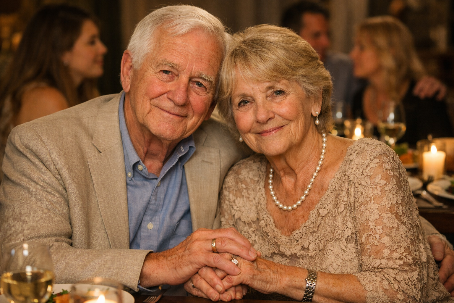 Senior couple holding hands during a golden anniversary celebration